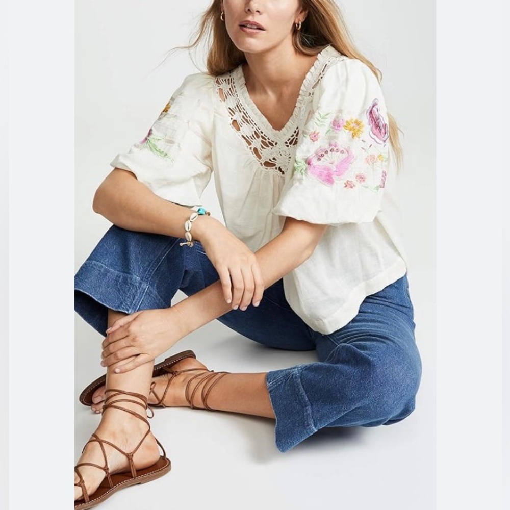 Free People Bohemia Top Floral Embroidery Crochet V-Neck Women’s S Cottagecore